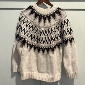 Fair Isle Sweater Womens Small Cream Black Chunky Relaxed Nordic Knit Soft